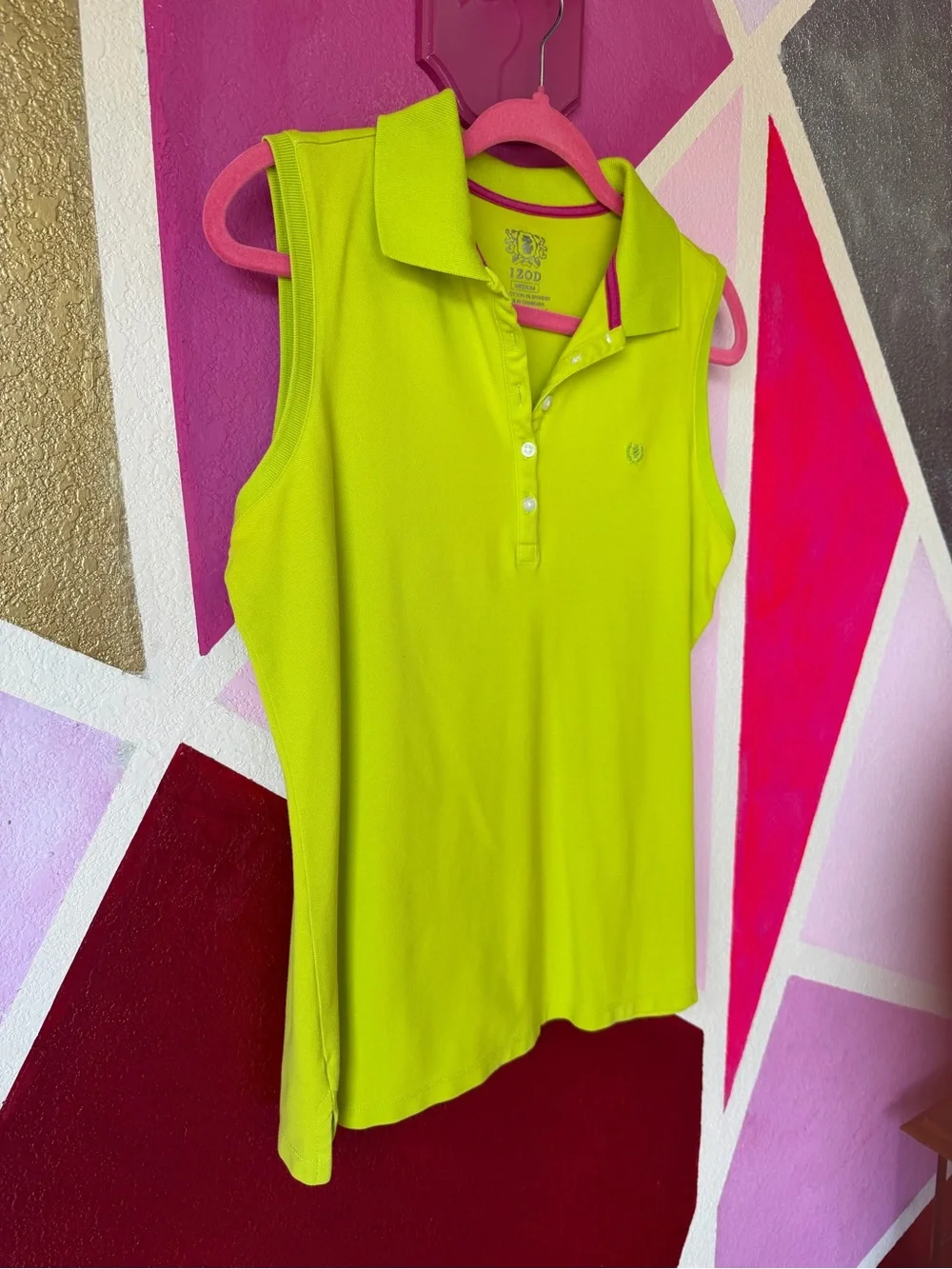 Izod Sleeveless Polo Sz M Lime Green Pink Trim Cotton Stretch Golf